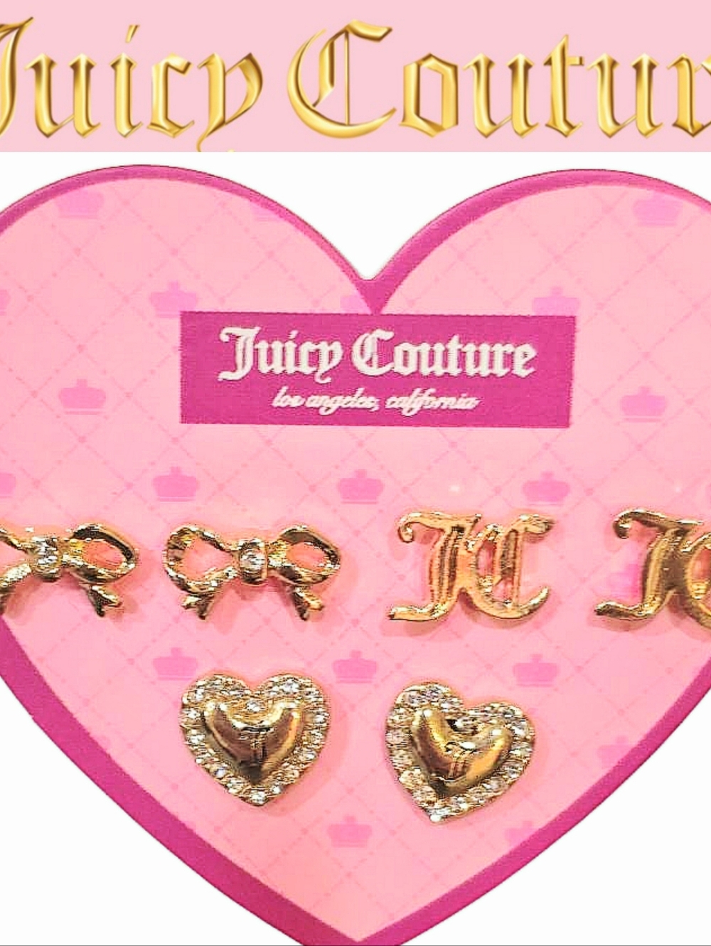 Juicy Couture Gold-Tone Logo, Heart, & Bow‎ Stud Earring Trio
